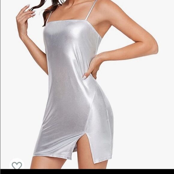 SHEIN Silver Metallic Holographic Halter Mini dress size small 4 NWOT - Picture 5 of 10